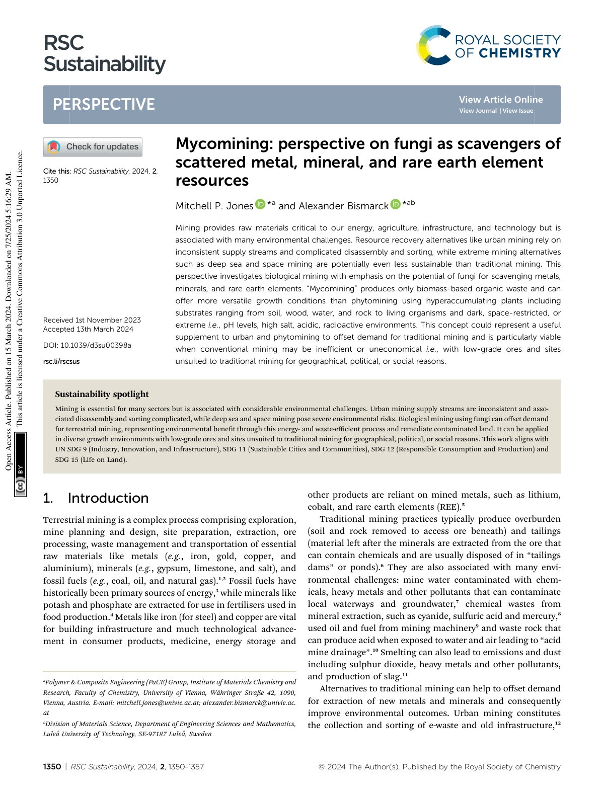 First page of Mycomining: perspective on fungi as scavengers of scattered metal, mineral, and rare earth element resources