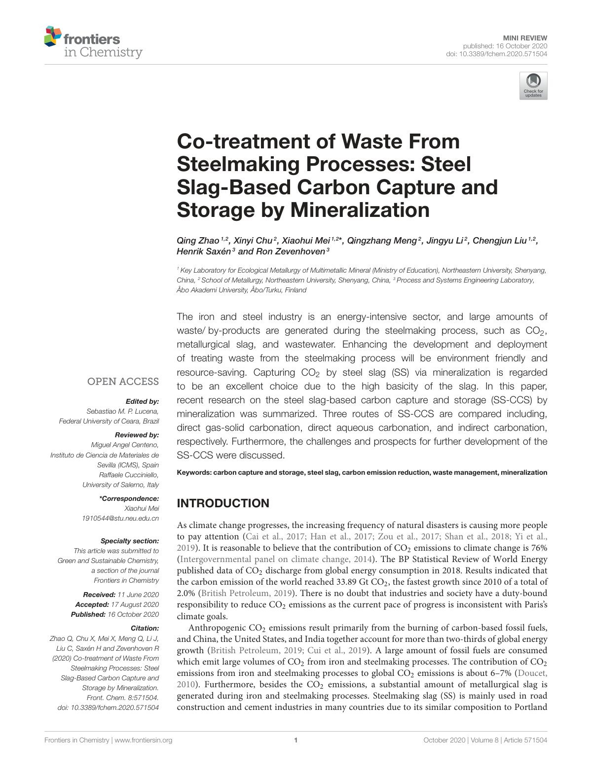 First page of Co-treatment of Waste From Steelmaking Processes: Steel Slag-Based Carbon Capture and Storage by Mineralization
