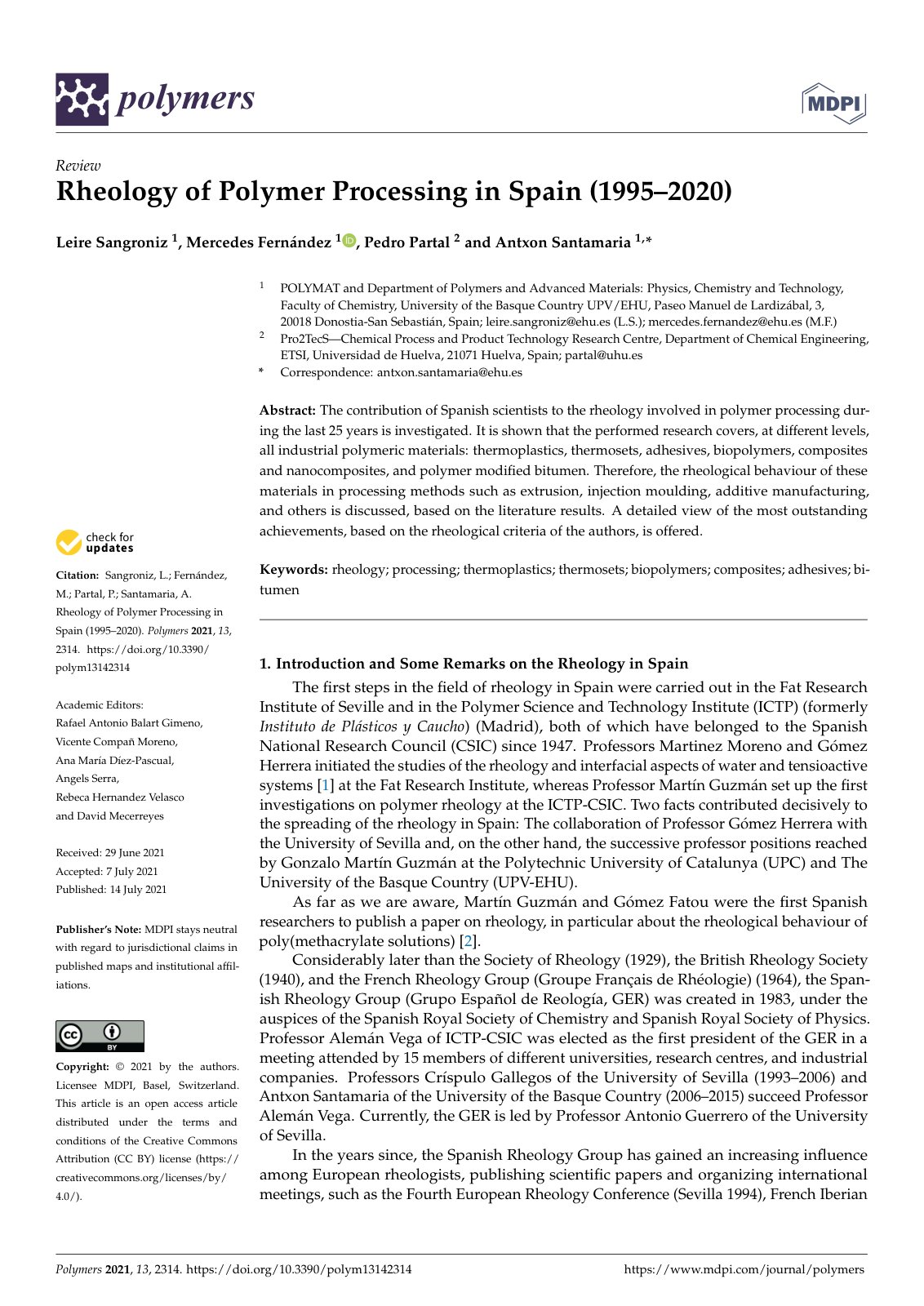 First page of Rheology of Polymer Processing in Spain (1995–2020)