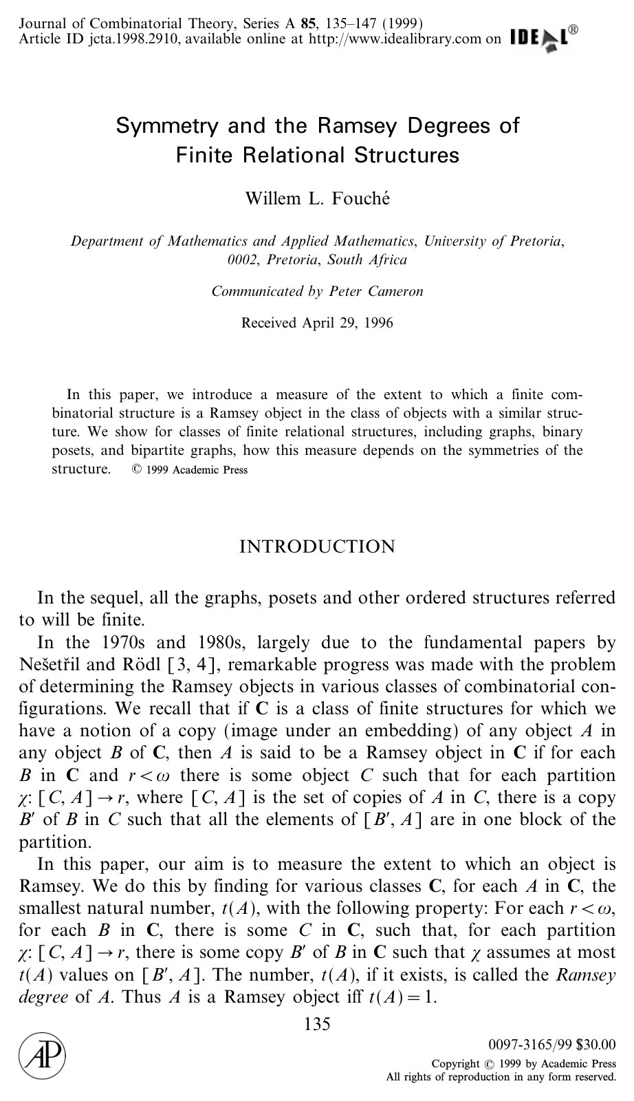First page of Symmetry and the Ramsey Degrees of Finite Relational Structures