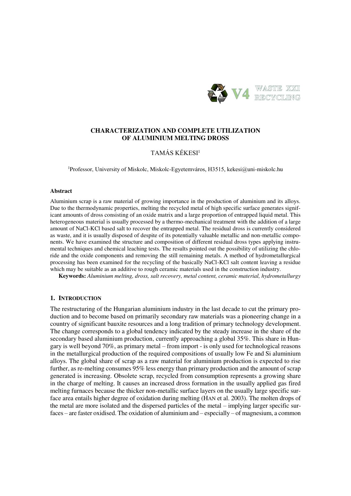 First page of CHARACTERIZATION AND COMPLETE UTILIZATION OF ALUMINIUM MELTING DROSS