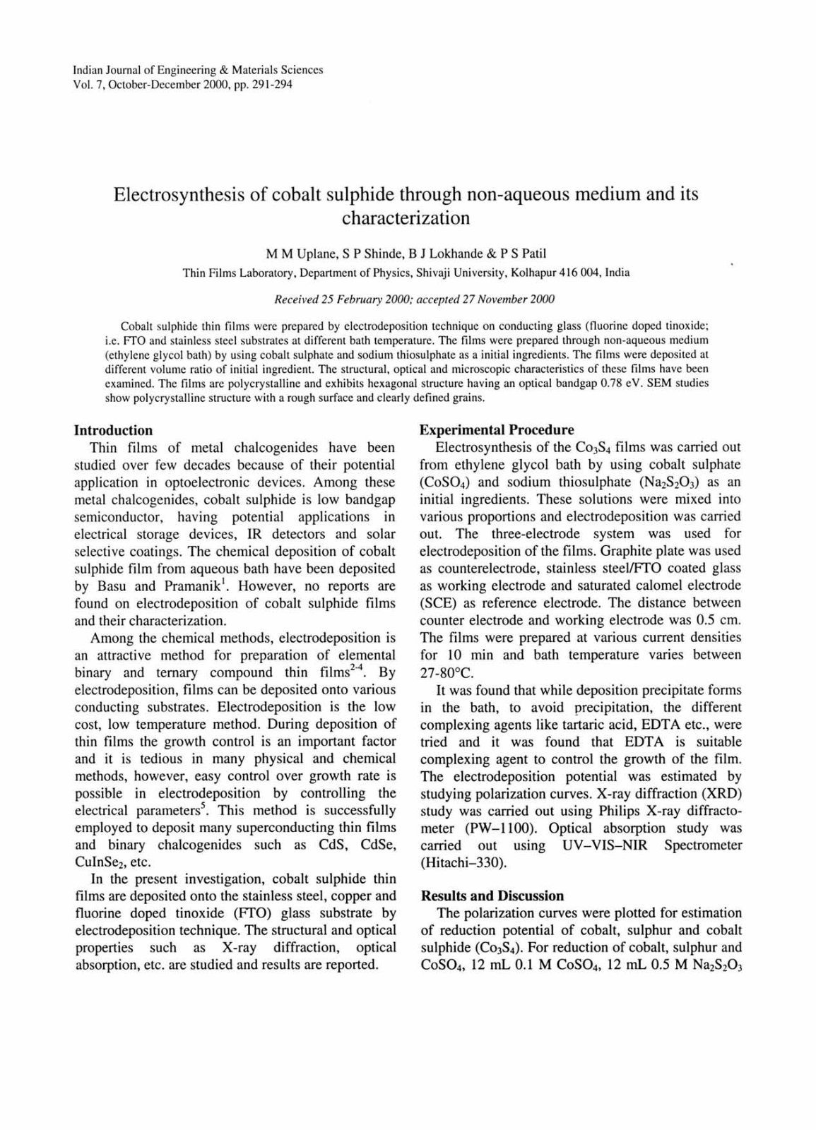 First page of Electrosynthesis of cobalt sulphide through non-aqueous medium and its characterization