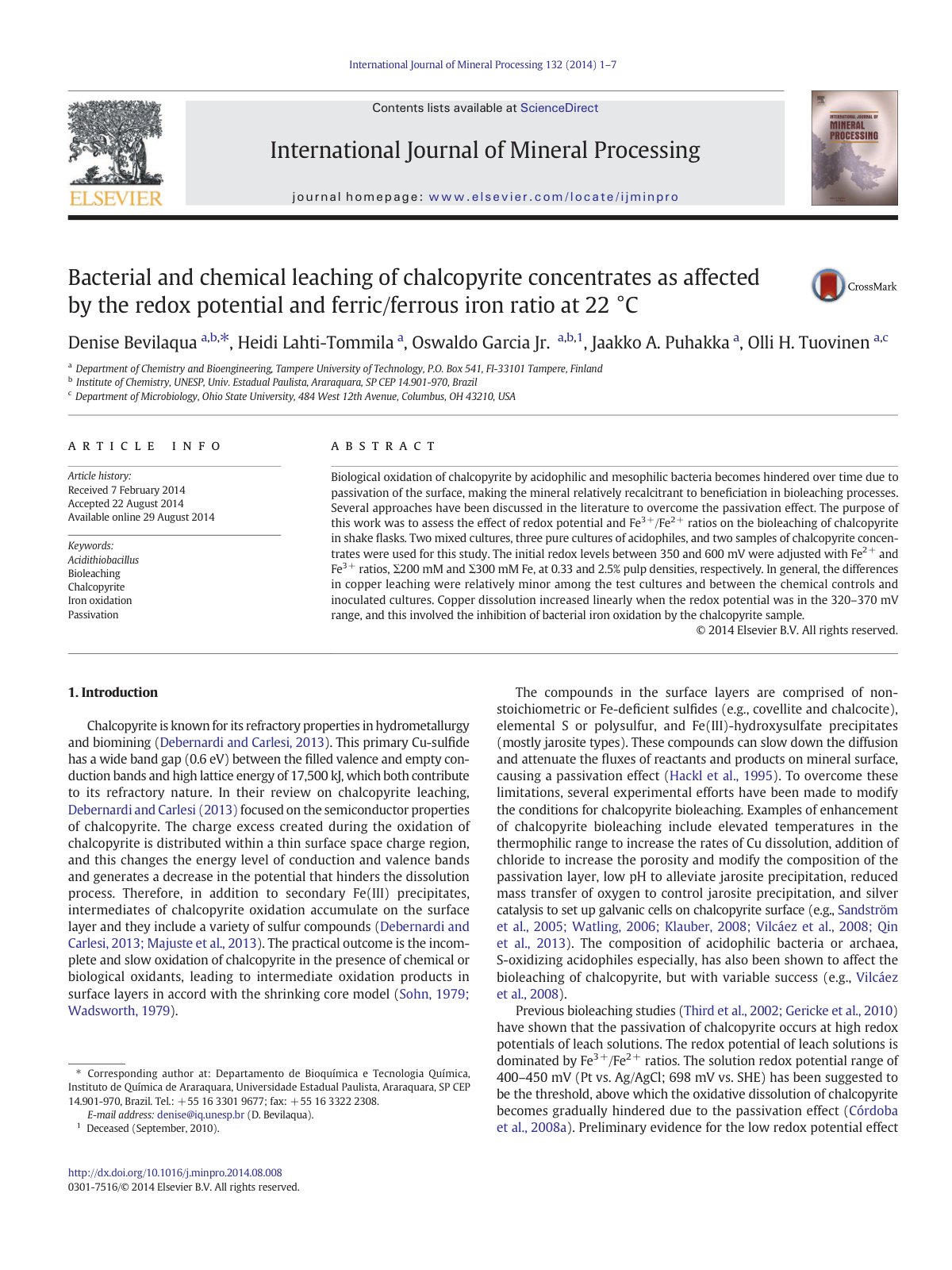 First page of Bacterial and chemical leaching of chalc