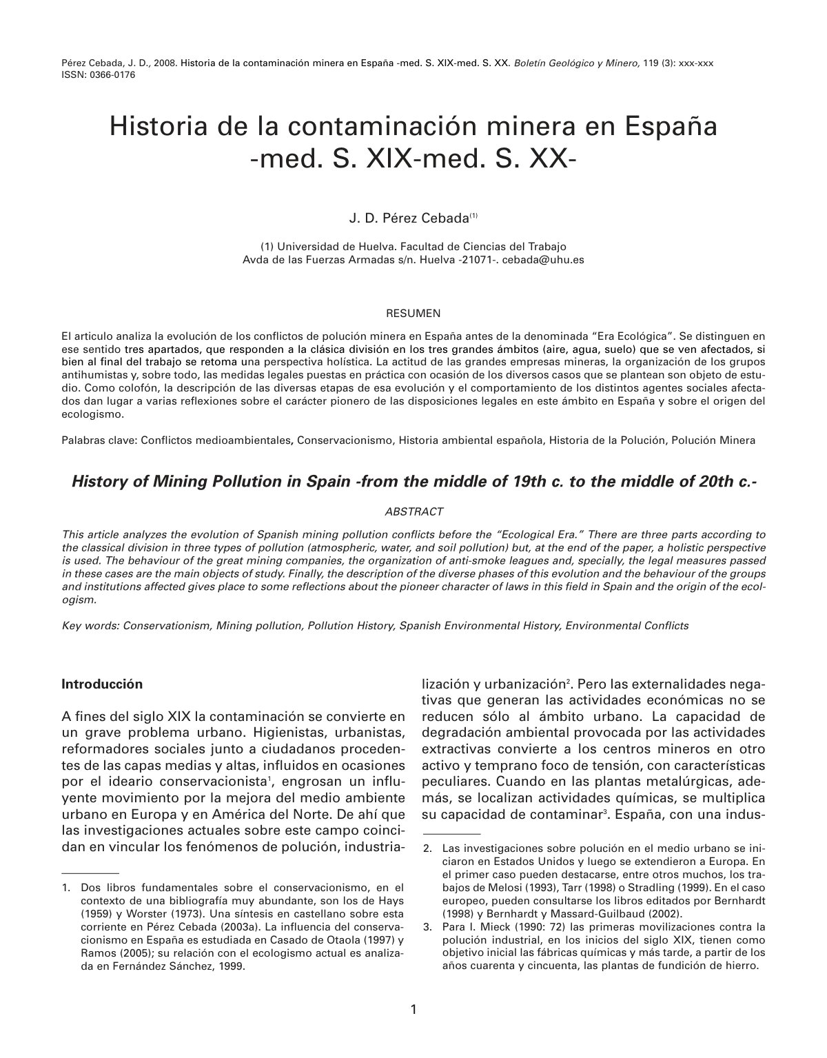 First page of Historia de la contaminacion minera en E