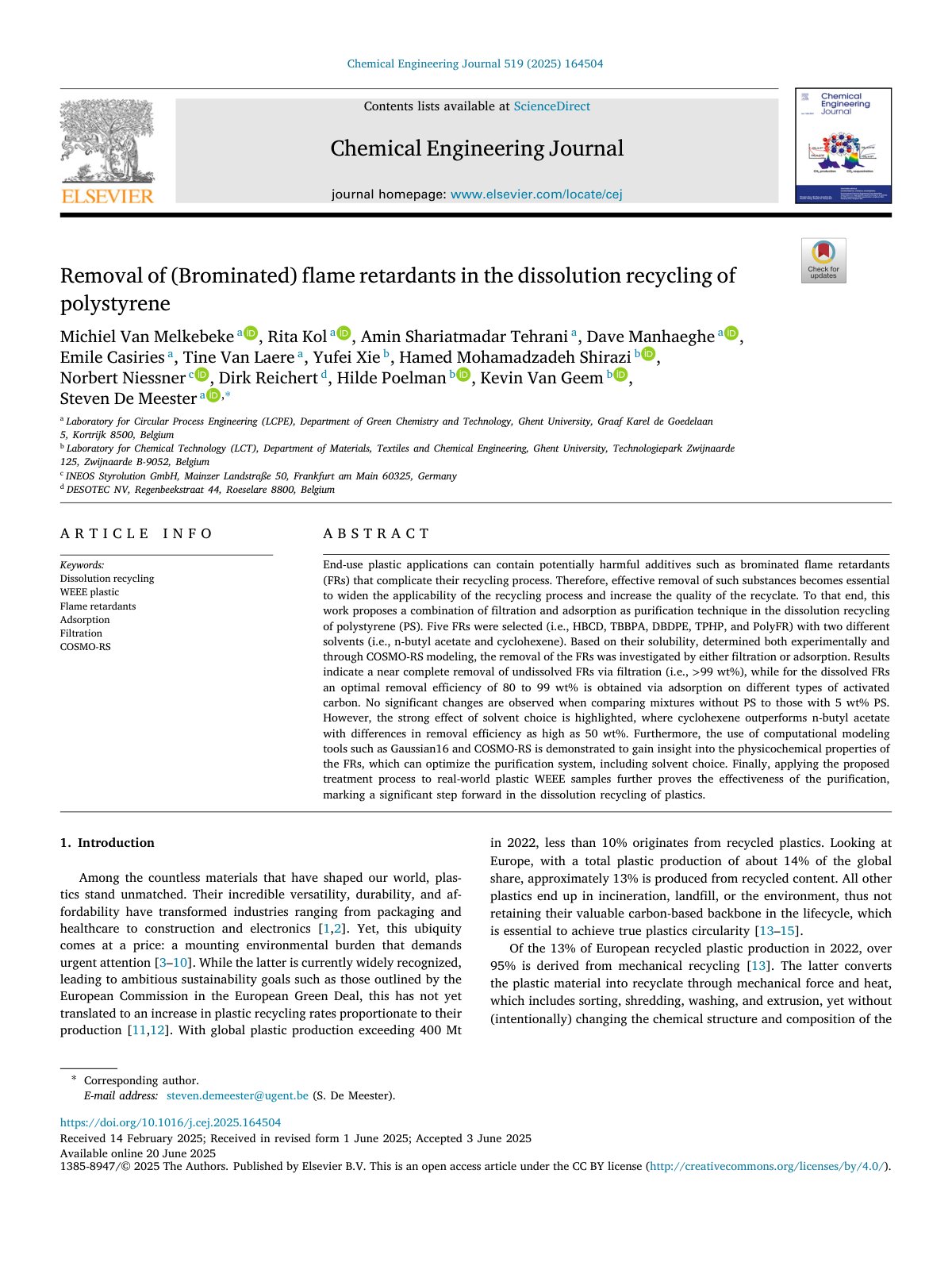 First page of Removal of  Brominated  flame retardants in the disso 2025 Chemical Engineer