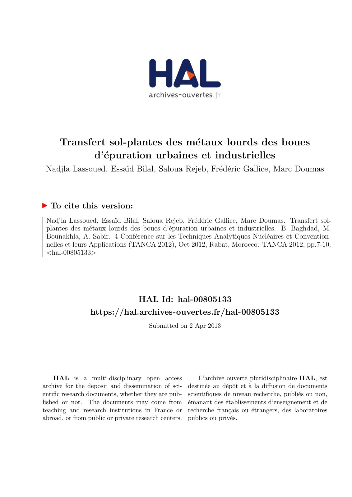 First page of Transfert sol-plantes des métaux lourds des boues d'épuration urbaines et industrielles