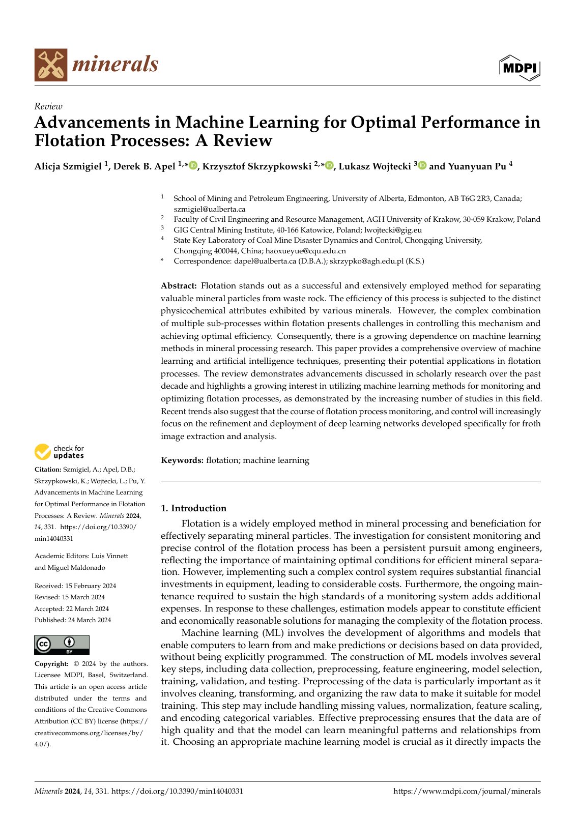 First page of Advancements in Machine Learning for Optimal Performance in Flotation Processes: A Review
