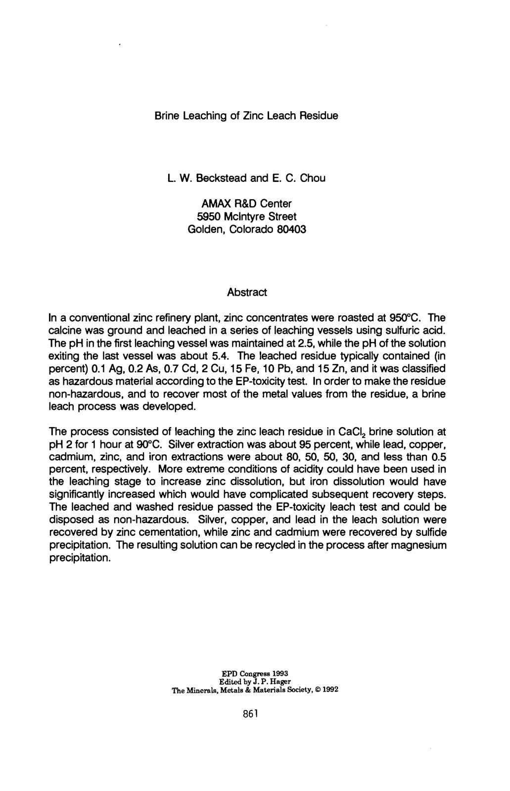 First page of Brine Leaching of Zinc Leach Residue