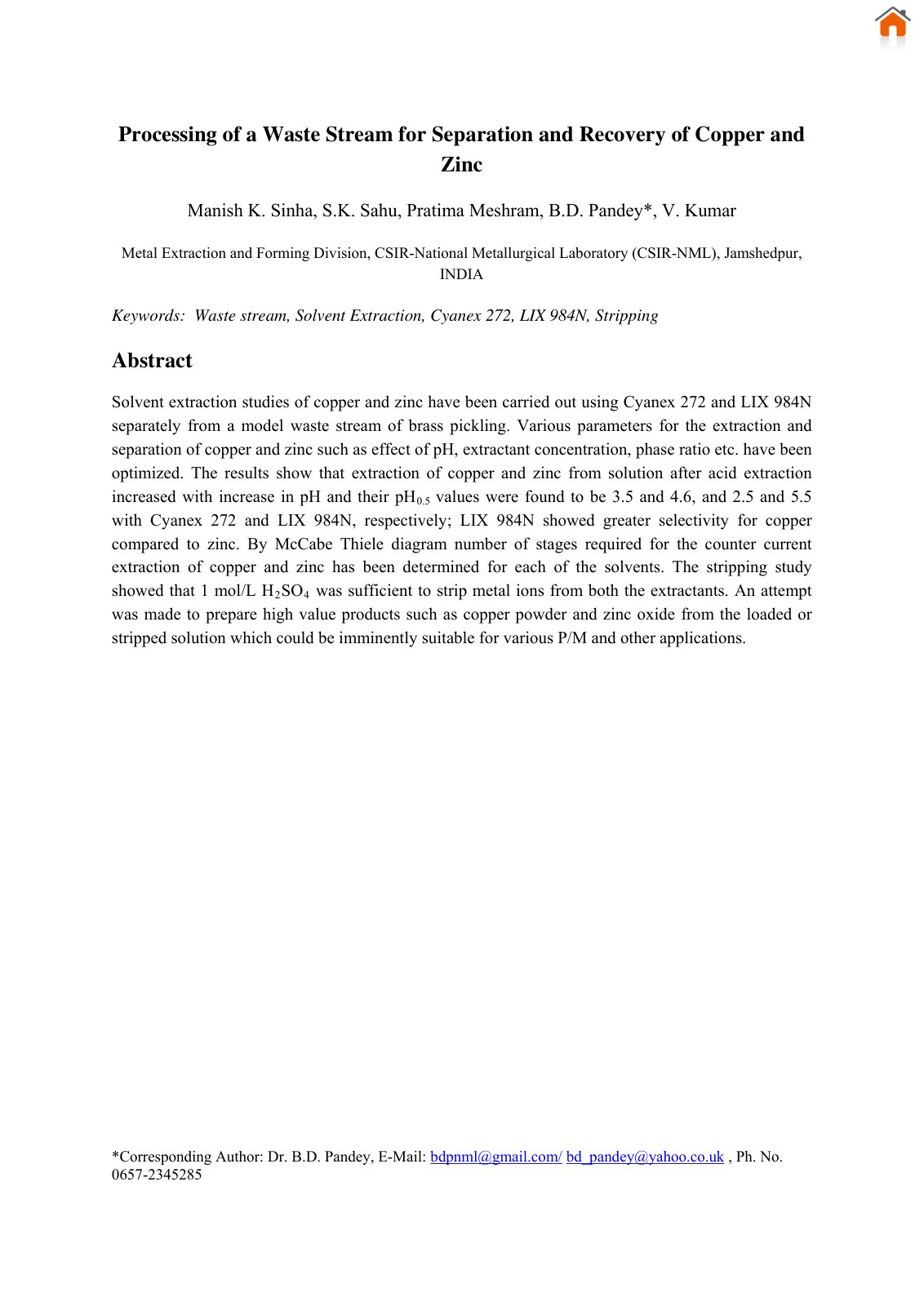 First page of Processing of a Waste Stream for Separation and Recovery of Copper and Zinc