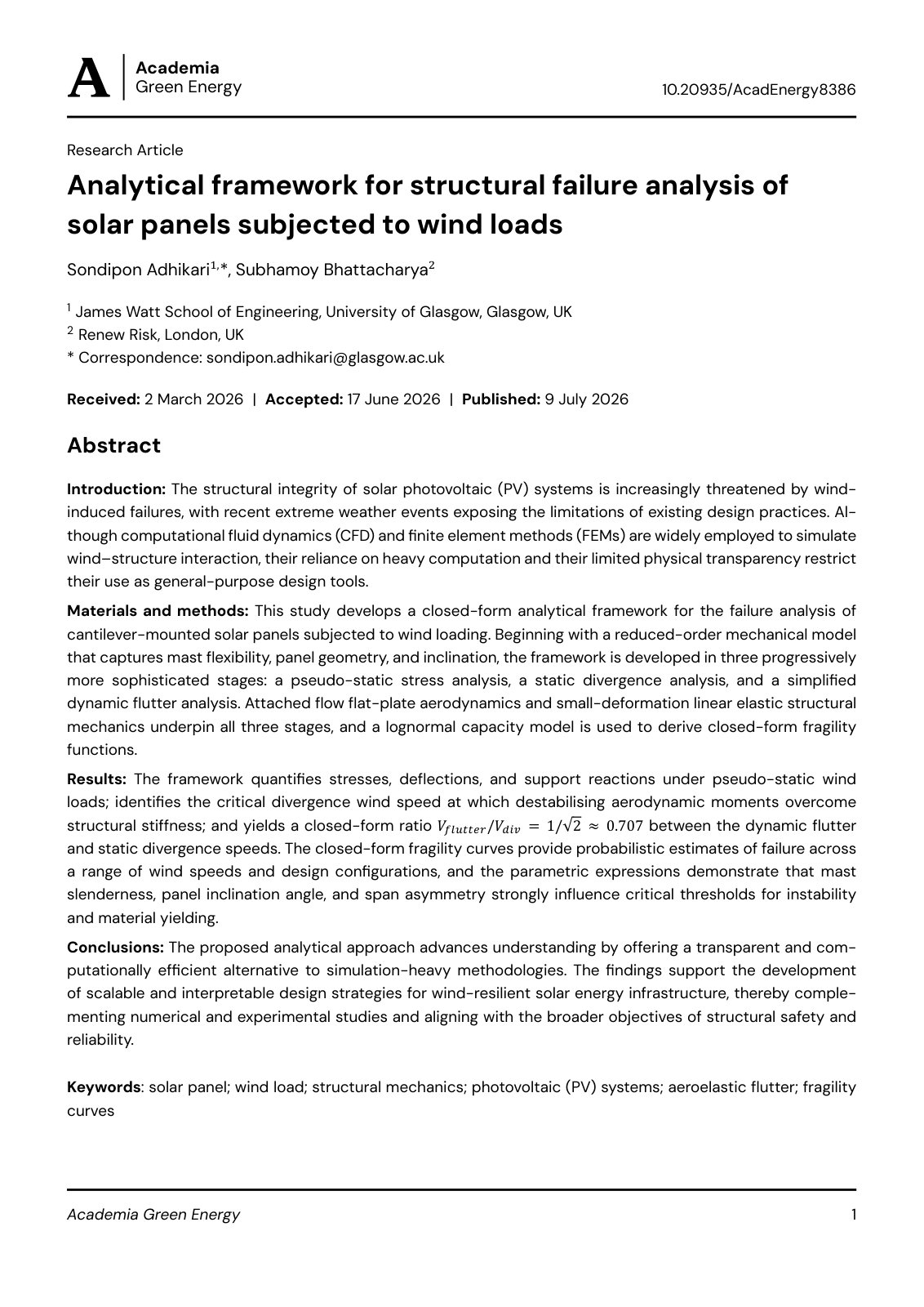 First page of Analytical framework for structural failure analysis of solar panels subjected to wind loads