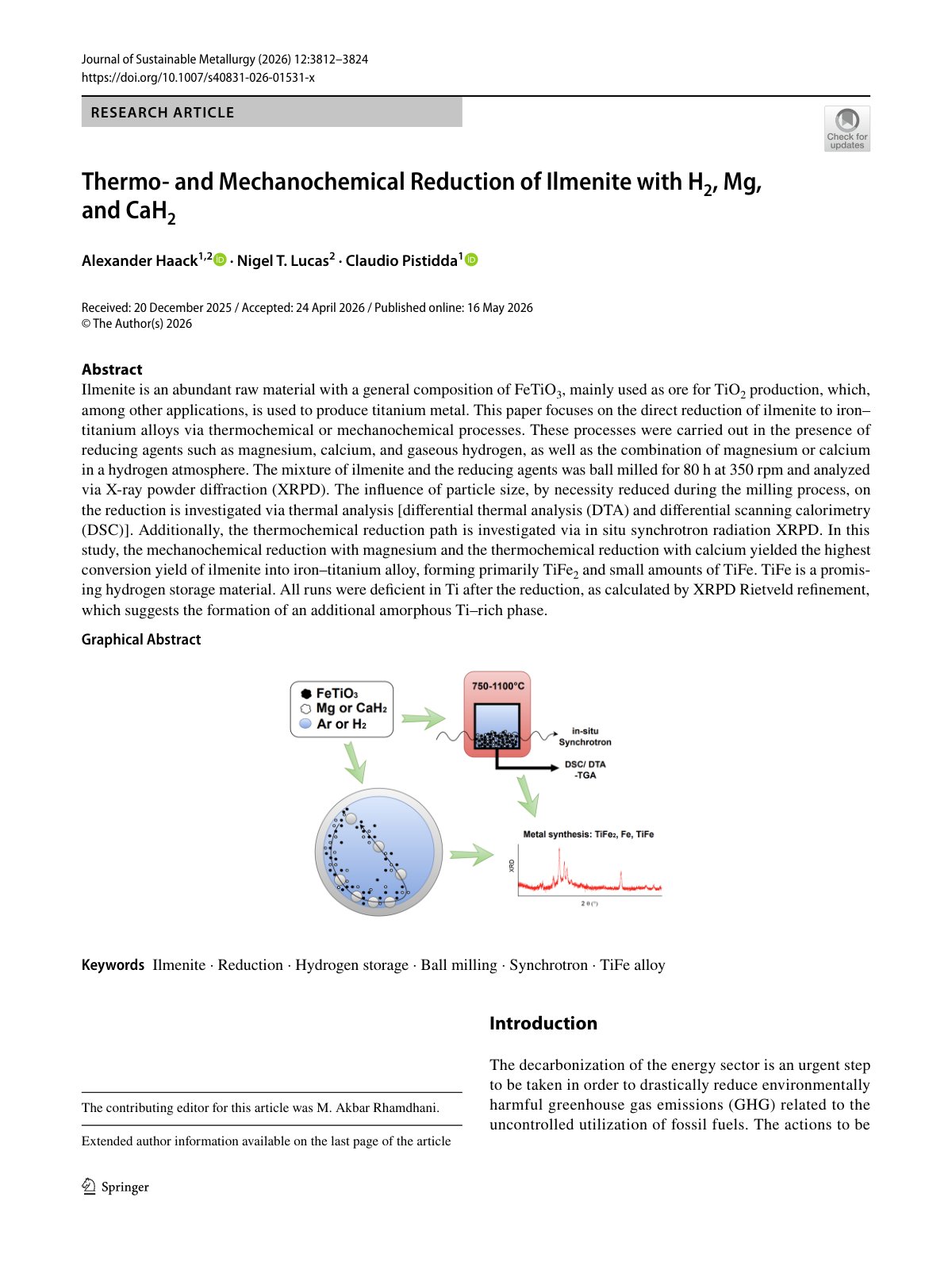 First page of 2026 Haack Ilmenite Reduction Hydrogen Magnesium Calcium Hydride