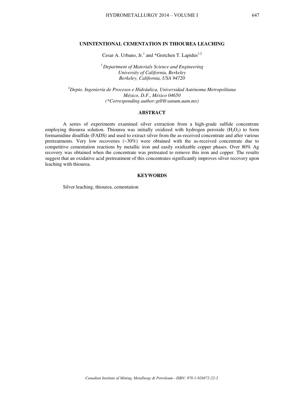 First page of UNINTENTIONAL CEMENTATION IN THIOUREA LEACHING