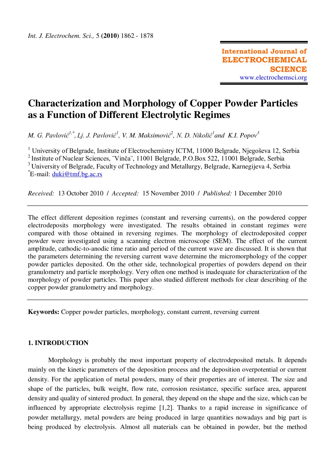 First page of Characterization and Morphology of Copper Powder Particles as a Function of Different Electrolytic Regimes