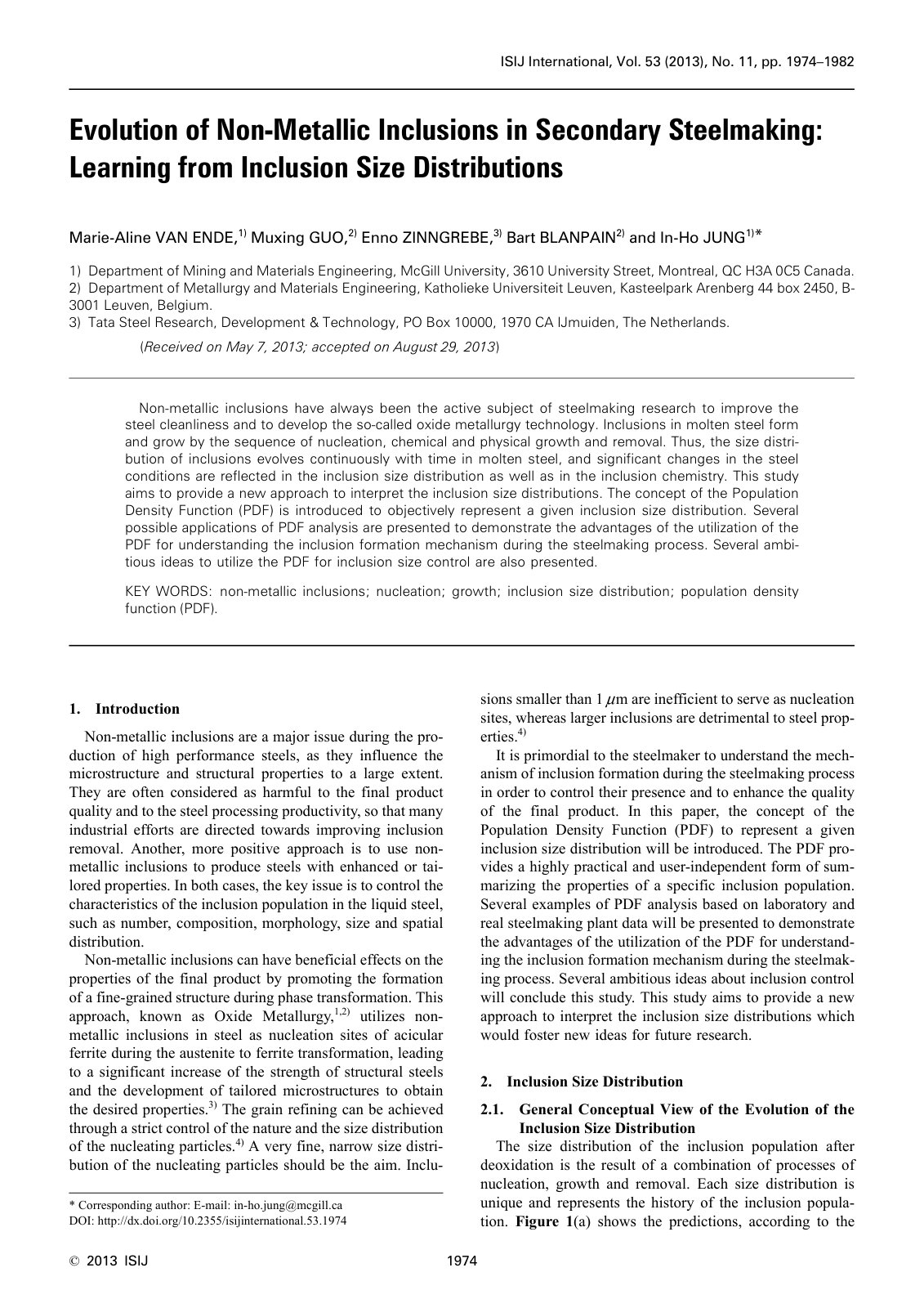 First page of Evolution of Non-Metallic Inclusions in Secondary Steelmaking: Learning from Inclusion Size Distributions
