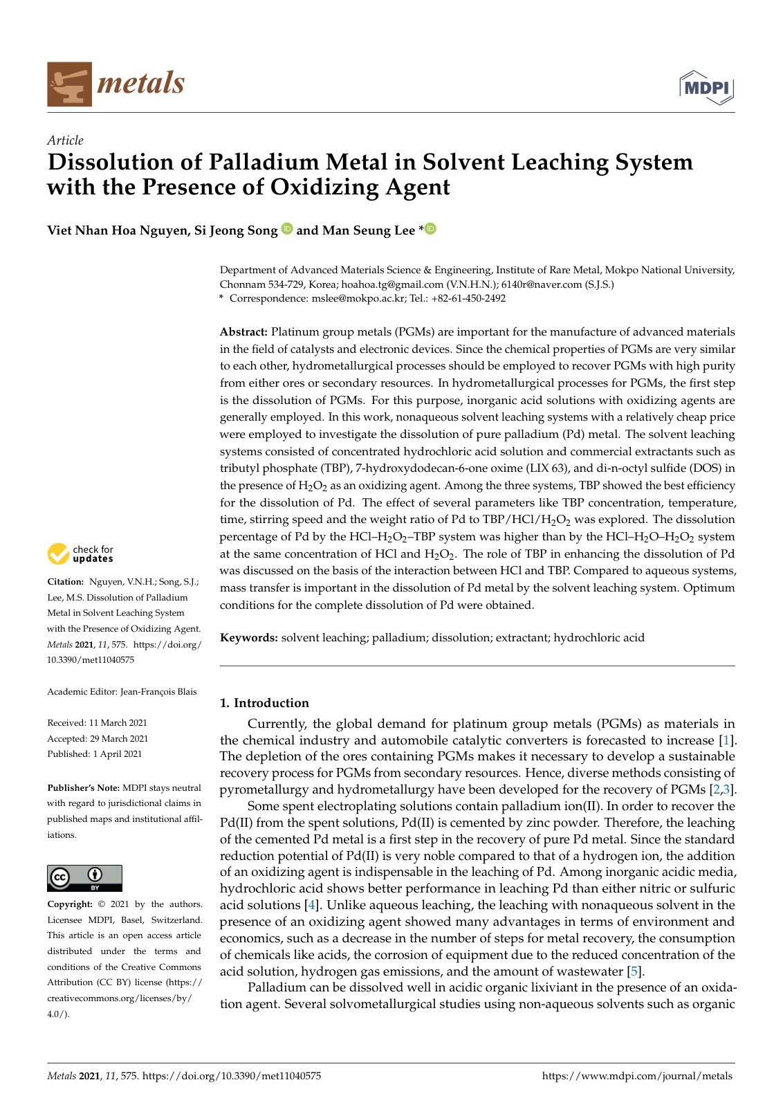 First page of Dissolution of Palladium Metal in Solvent Leaching System with the Presence of Oxidizing Agent