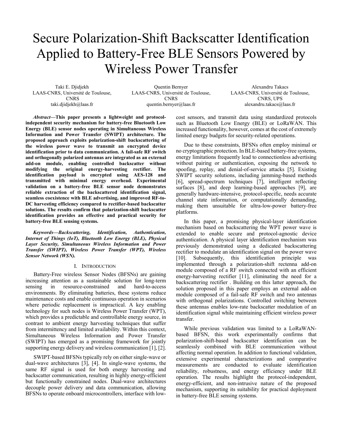 First page of Secure Polarization-Shift Backscatter Identification Applied to Battery-Free BLE Sensors Powered by Wireless Power Transfer
