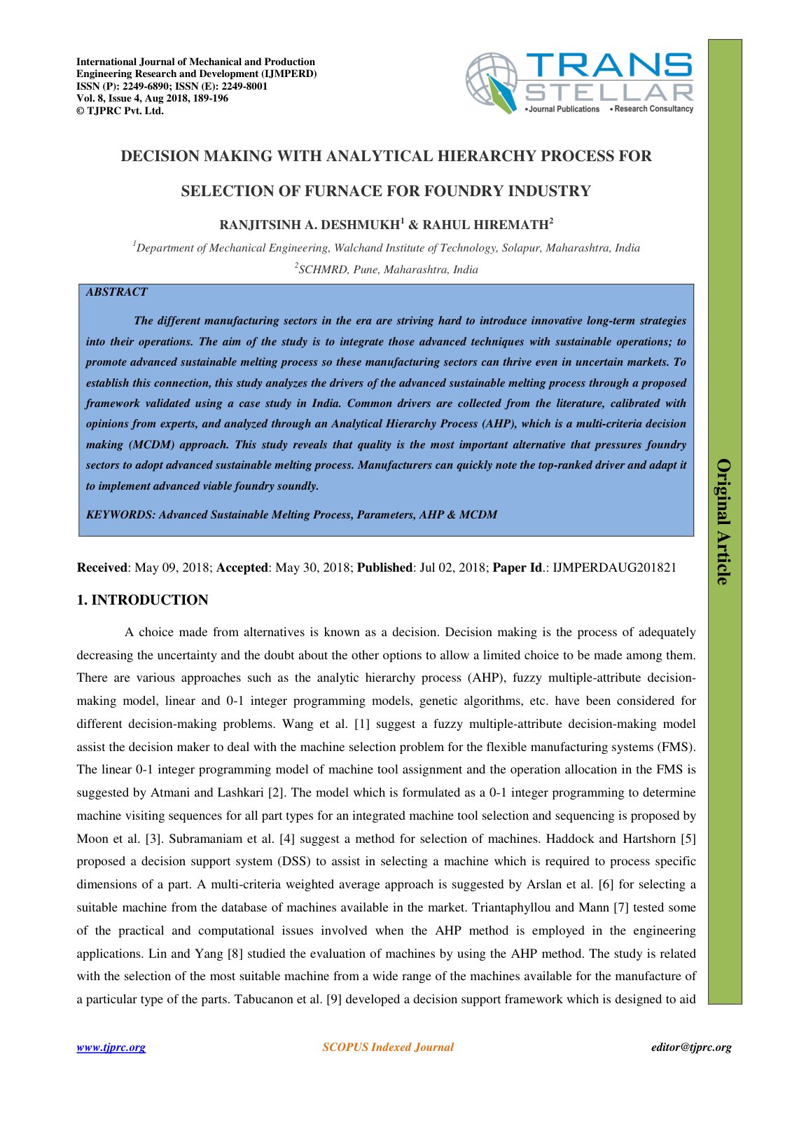 First page of DECISION MAKING WITH ANALYTICAL HIERARCH