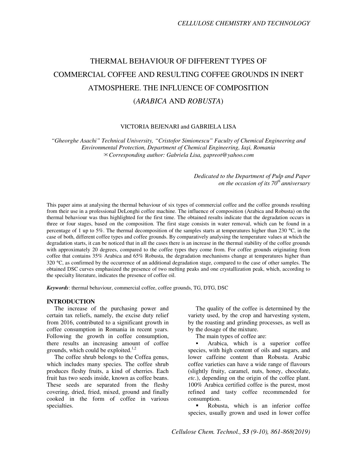 First page of THERMAL BEHAVIOUR OF DIFFERENT TYPES OF COMMERCIAL COFFEE AND RESULTING COFFEE GROUNDS IN INERT ATMOSPHERE. THE INFLUENCE OF COMPOSITION (ARABICA AND ROBUSTA)