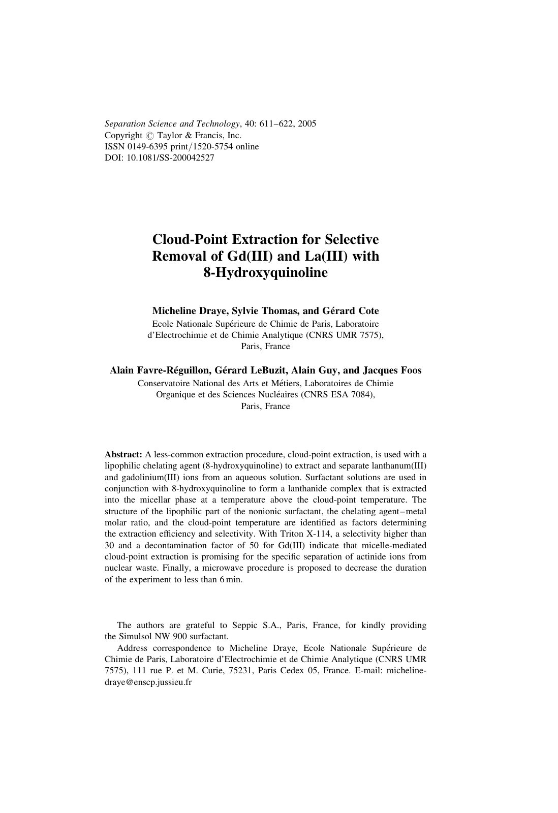 First page of Cloud Point Extraction for Selective Rem