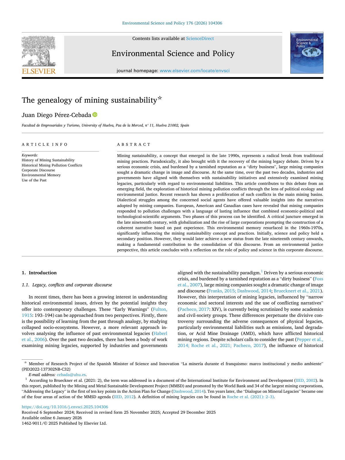 First page of The genealogy of mining sustainability