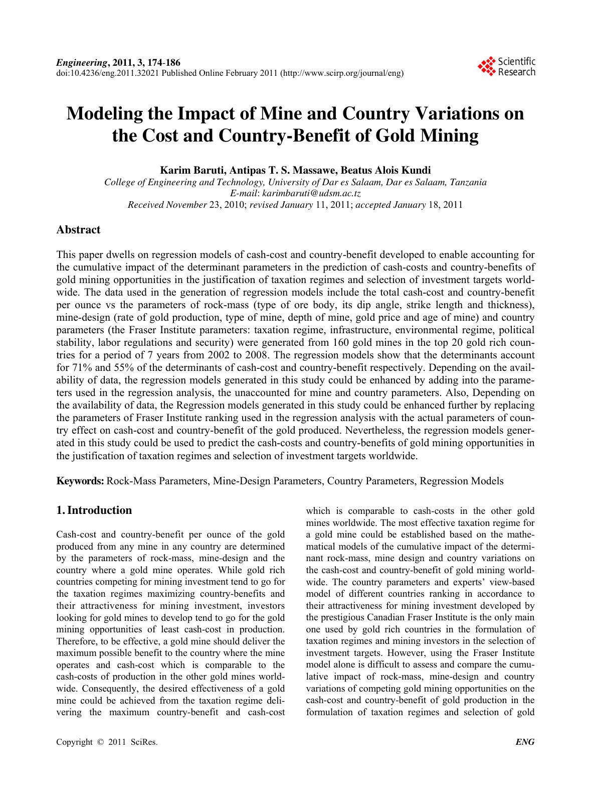 First page of Modeling the Impact of Mine and Country Variations on the Cost and Country-Benefit of Gold Mining