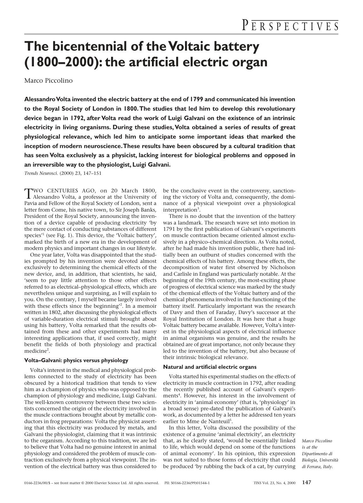 First page of Volta–Galvani: physics versus physiology