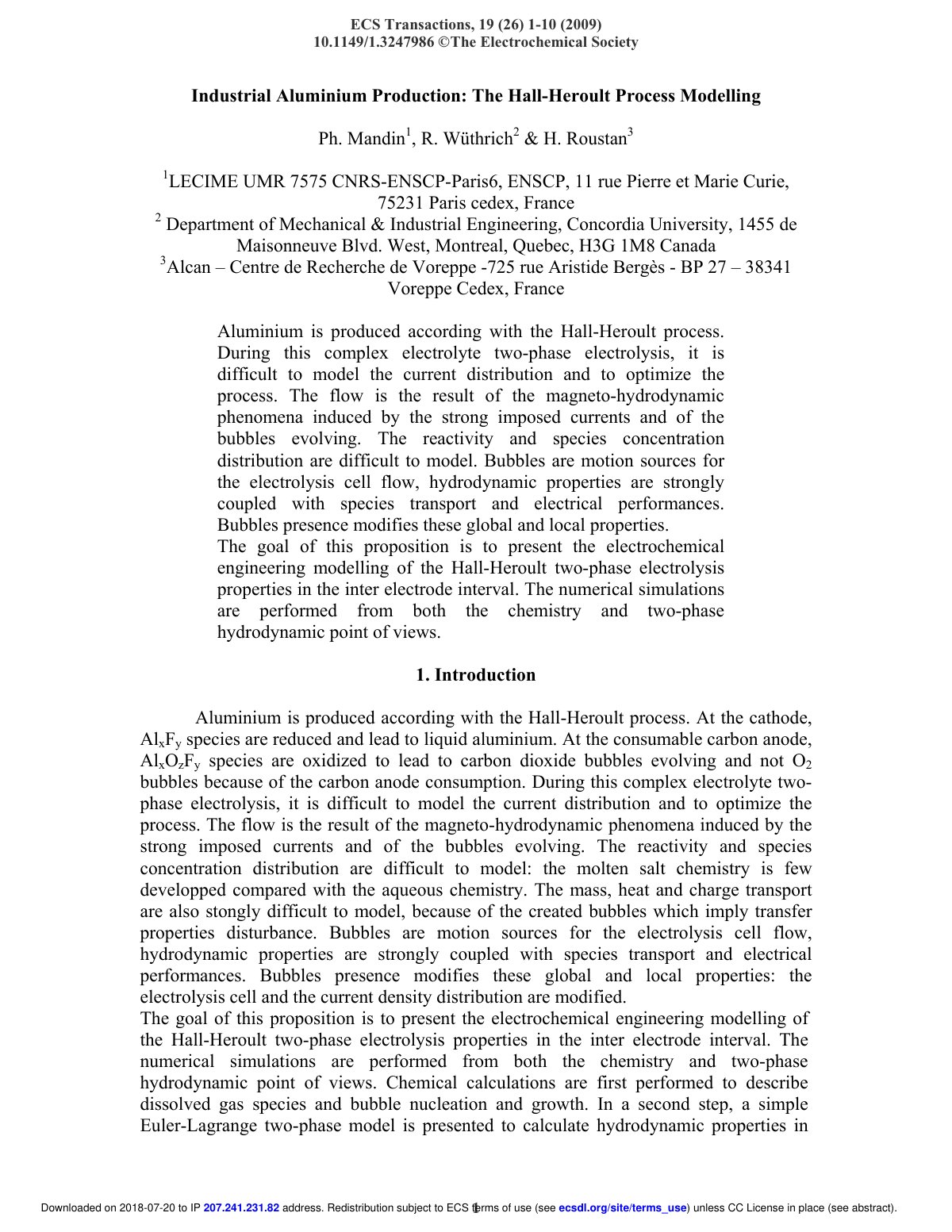 First page of Industrial Aluminium Production the Hall