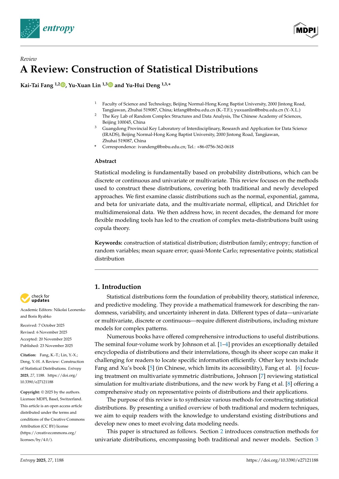 First page of A Review: Construction of Statistical Distributions
