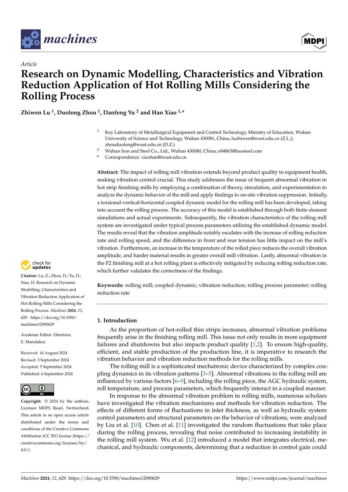 First page of Research on Dynamic Modelling, Characteristics and Vibration Reduction Application of Hot Rolling Mills Considering the Rolling Process