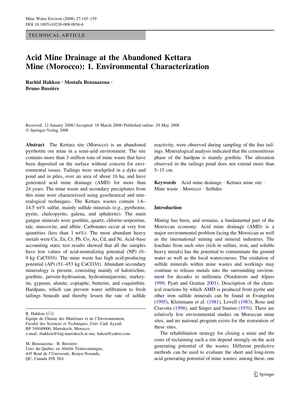 First page of Acid Mine Drainage at the Abandoned Kett