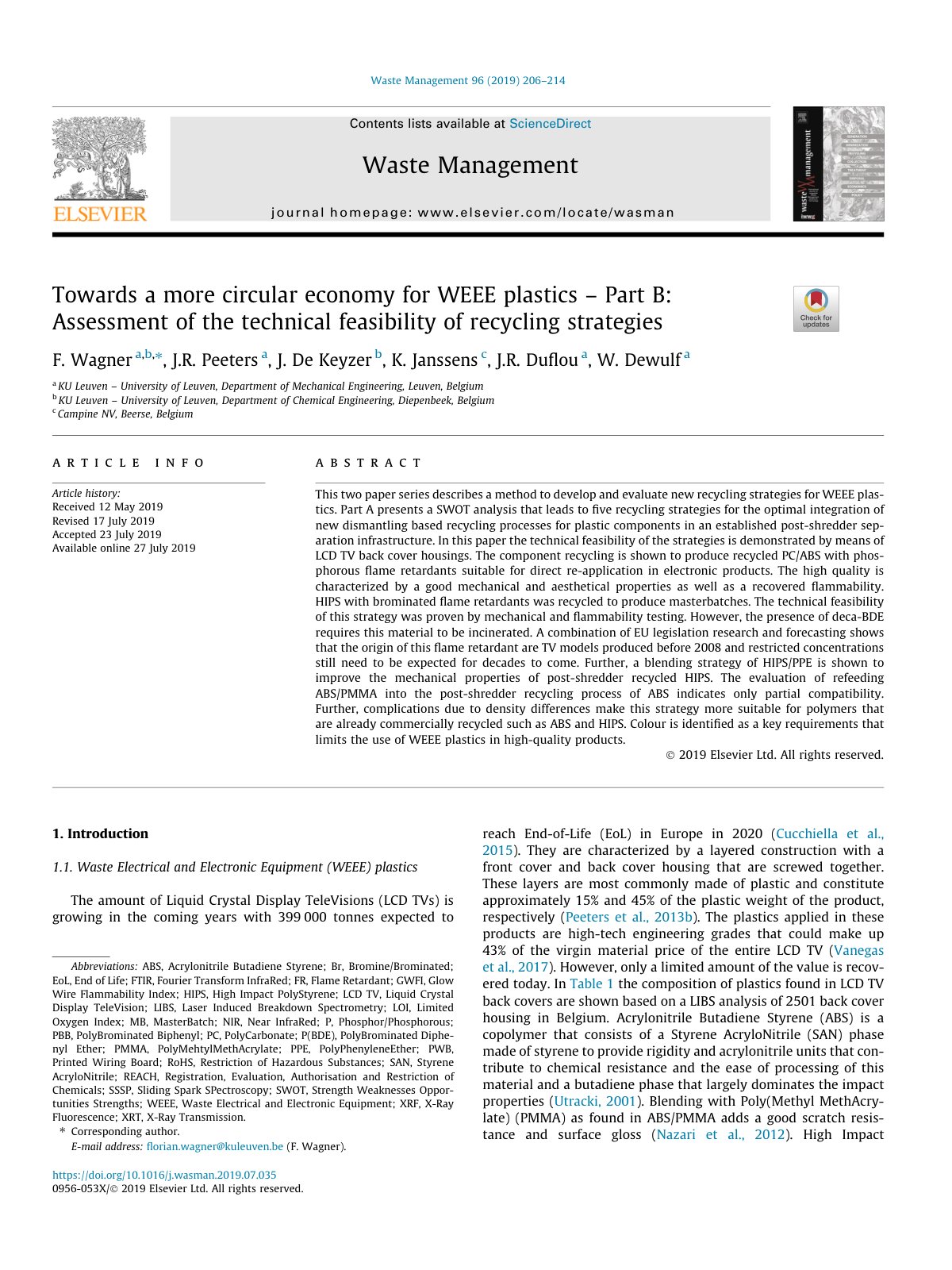 First page of Towards a more circular economy for WEEE plastics   Part B  As 2019 Waste Ma