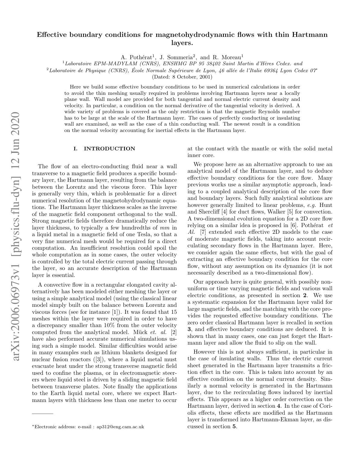 First page of Eﬀective boundary conditions for magnetohydrodynamic ﬂows with thin Hartmann layers.