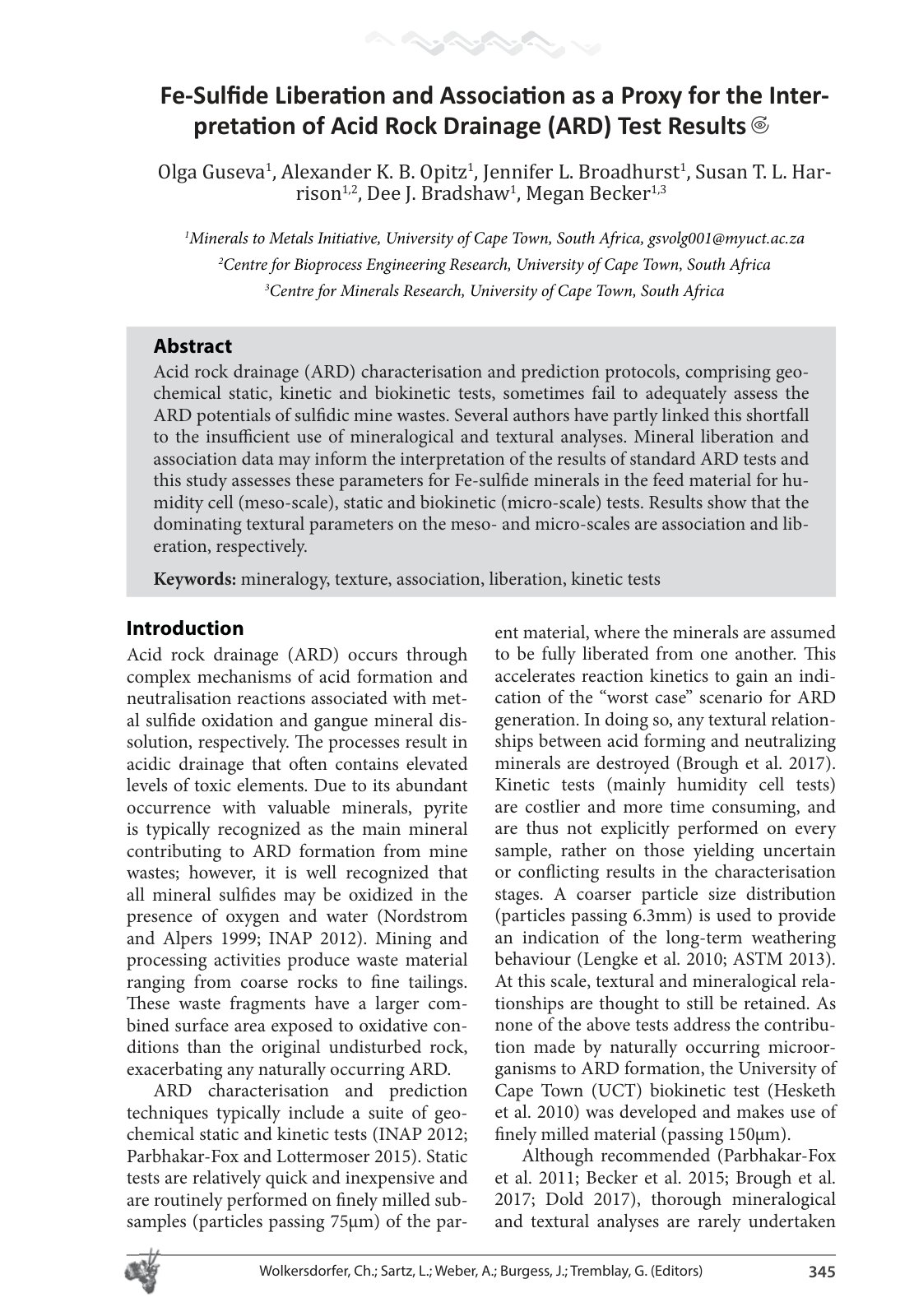 First page of Fe-Sulfide Liberation and Association as a Proxy for the Interpretation of Acid Rock Drainage (ARD) Test Results