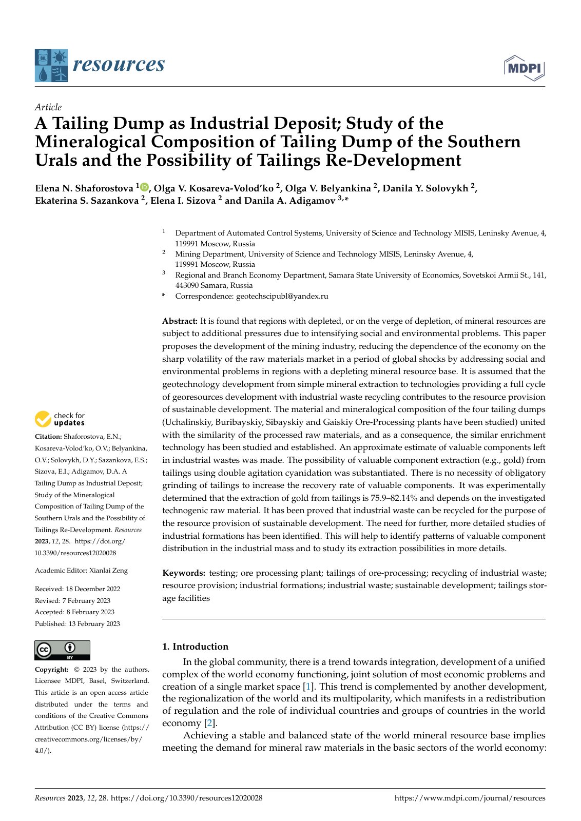 First page of A Tailing Dump as Industrial Deposit; Study of the Mineralogical Composition of Tailing Dump of the Southern Urals and the Possibility of Tailings Re-Development