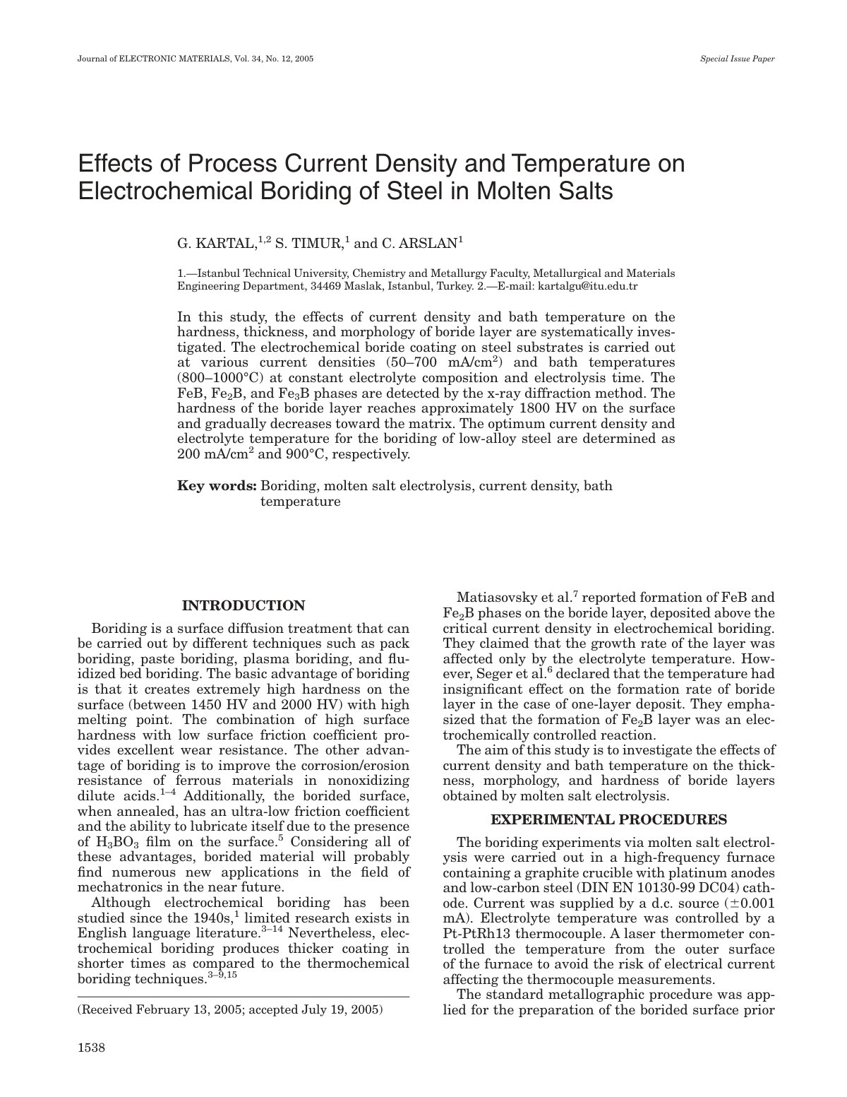 First page of Effects of Process Current Density and Temperature on Electrochemical Boriding of Steel in Molten Salts