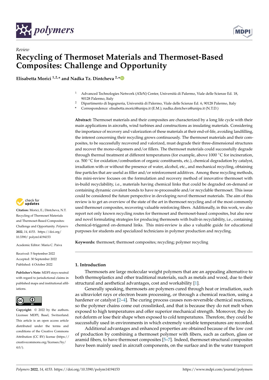 First page of Recycling of Thermoset Materials and Thermoset-Based Composites: Challenge and Opportunity