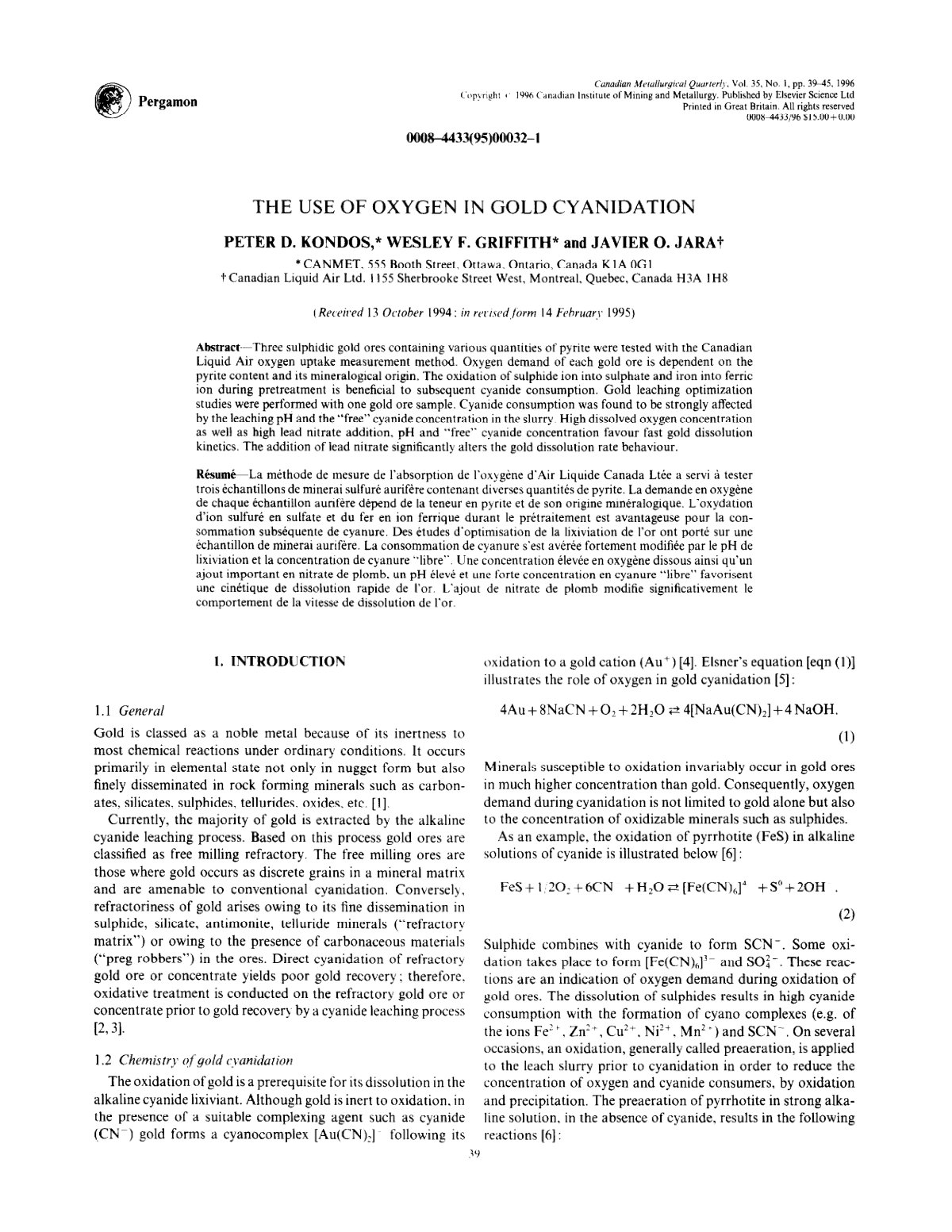 First page of The Use of Oxygen in Gold Cyanidation