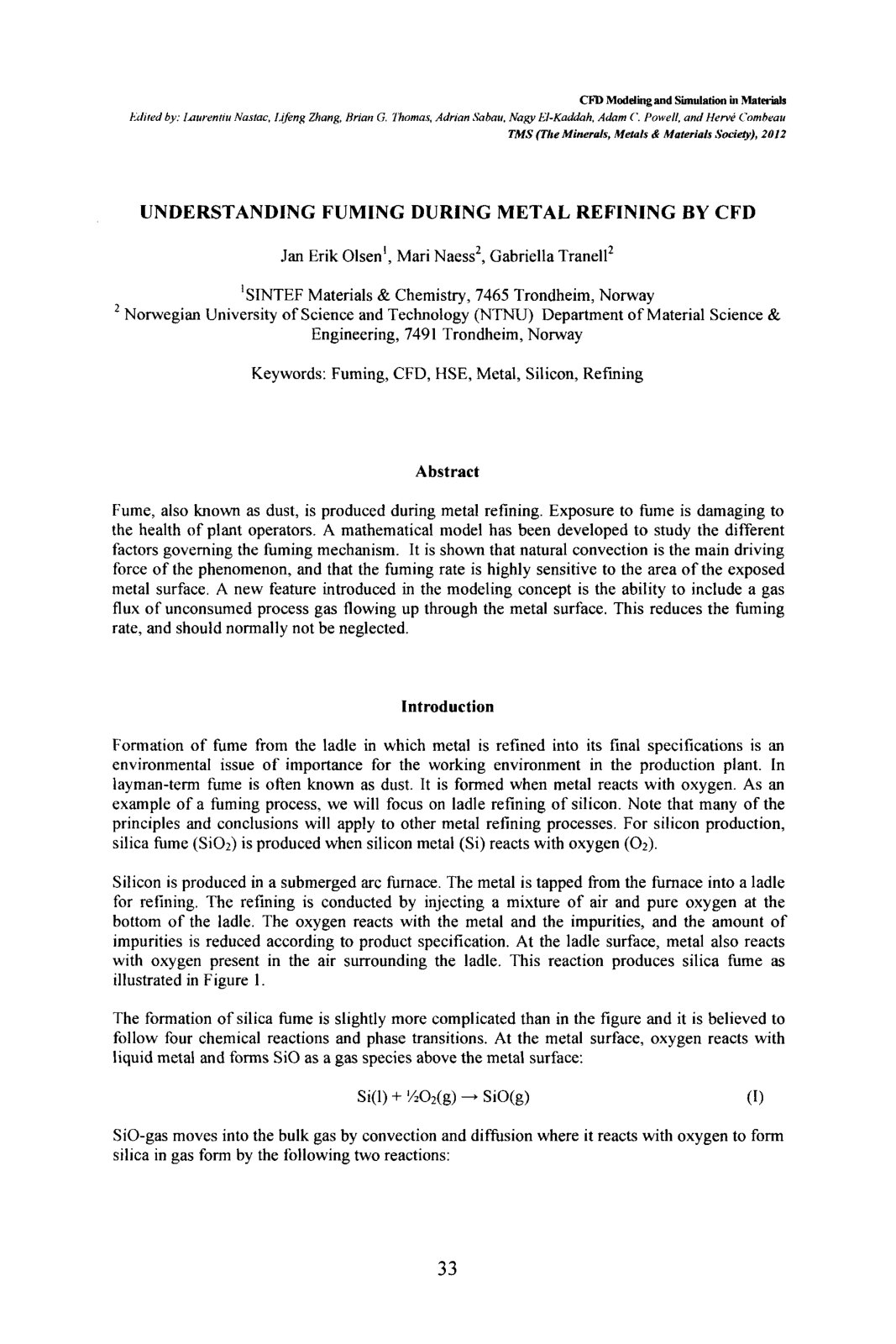 First page of UNDERSTANDING FUMING DURING METAL REFINING BY CFD