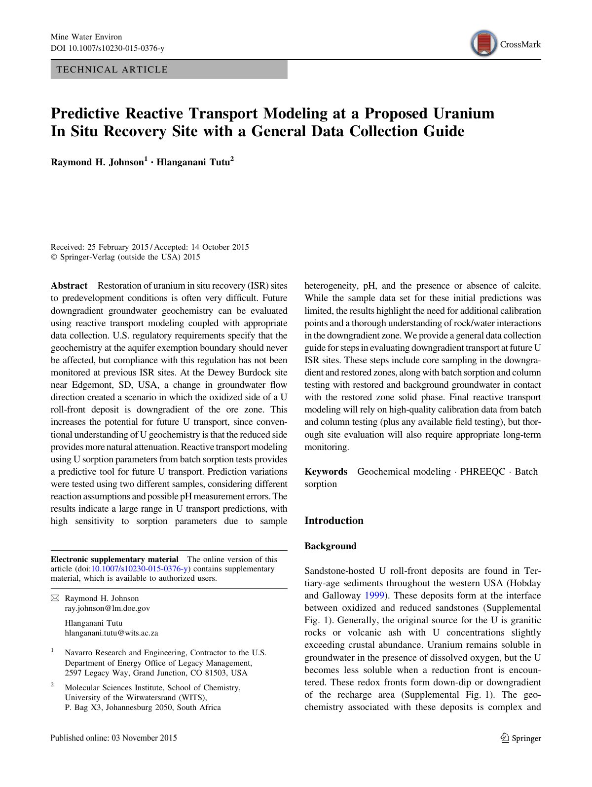 First page of Predictive Reactive Transport Modeling at a Proposed Uranium In Situ Recovery Site with a General Data Collection Guide