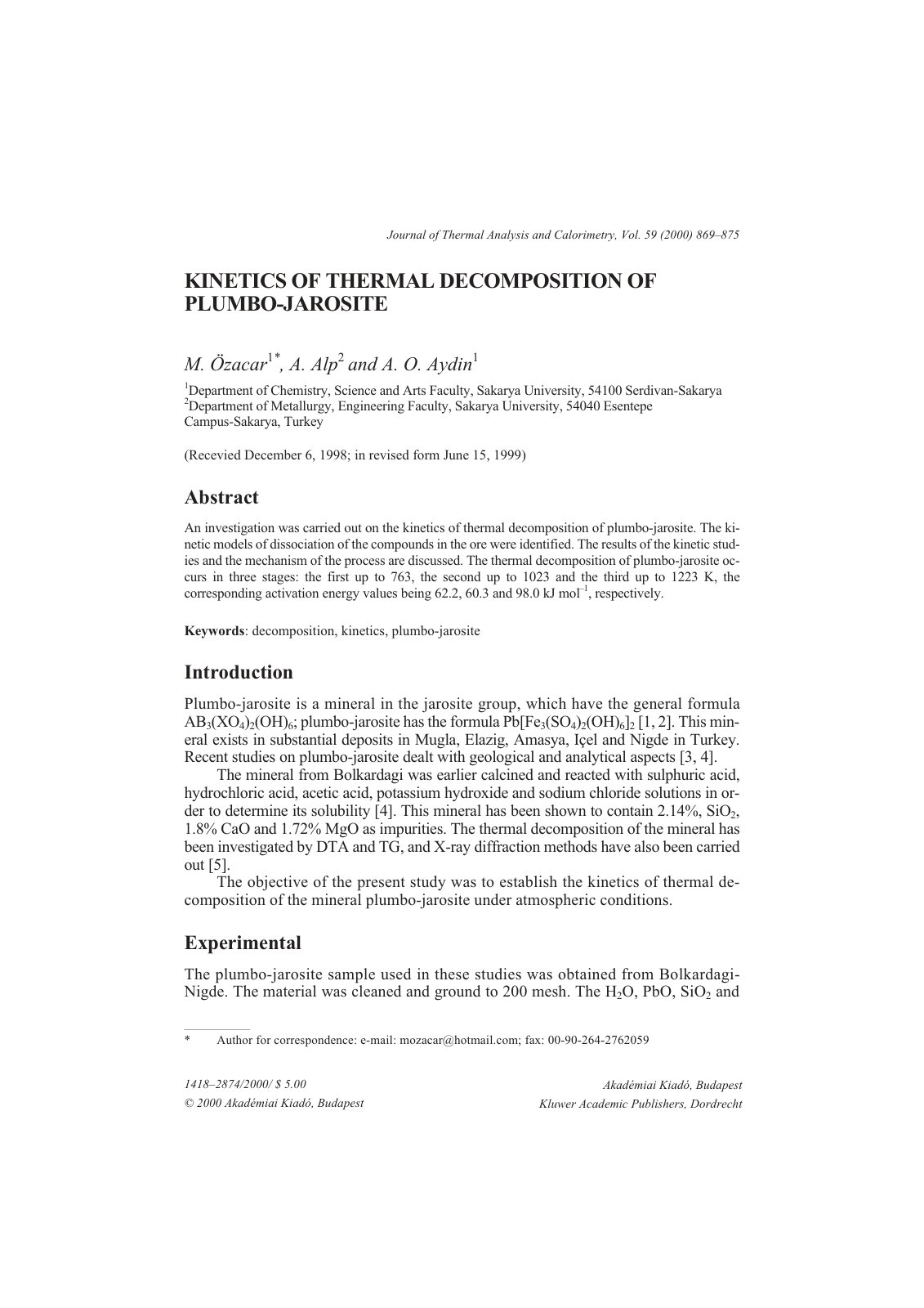 First page of Kinetics of thermal decomposition of plumbo-jarosite