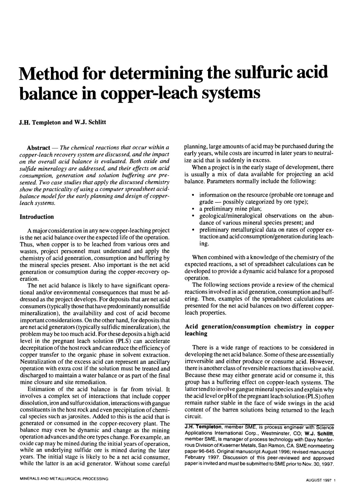 First page of Method for determining the sulfuric acid balance in copper leach systems