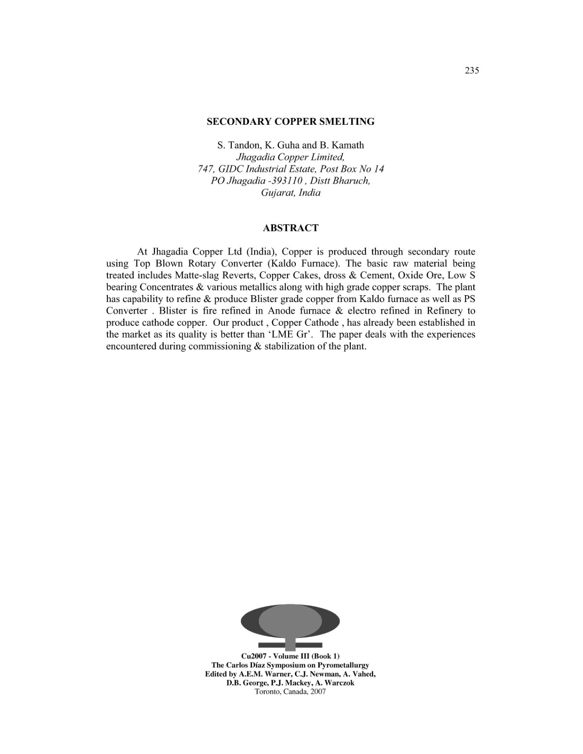 First page of SECONDARY COPPER SMELTING