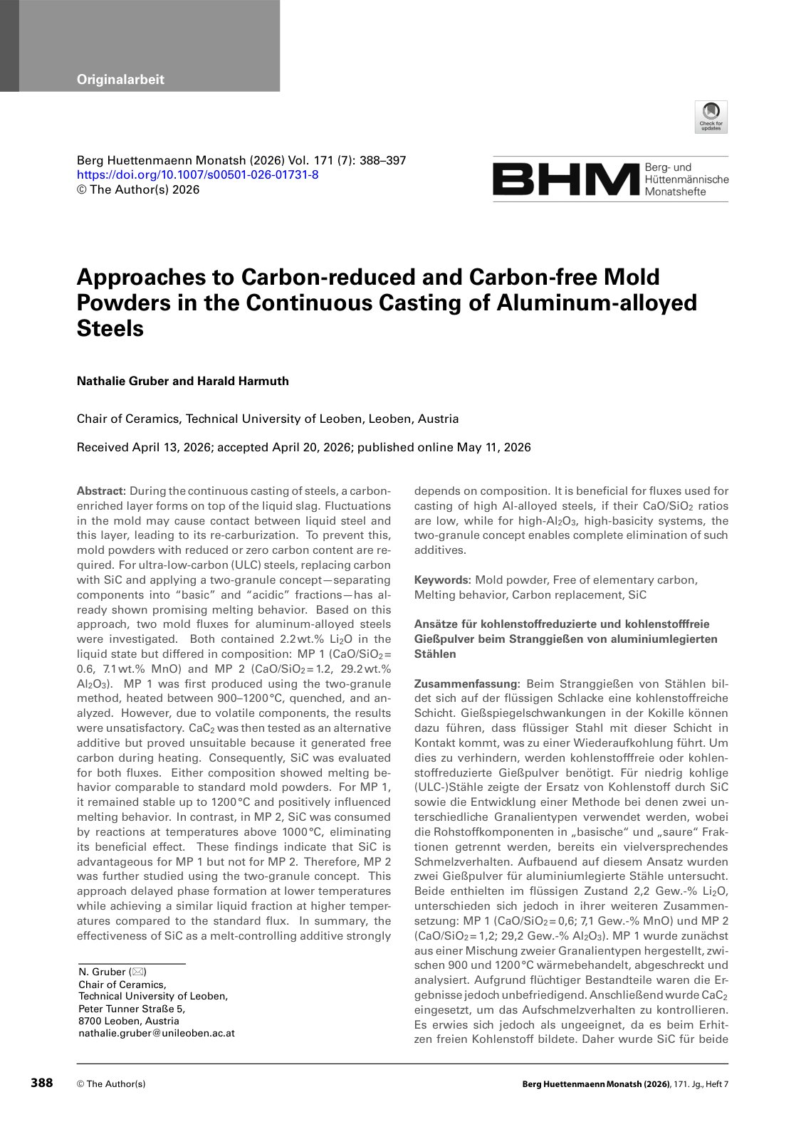 First page of 2026 Gruber Carbon Free Mold Powders Aluminum Alloyed Steels 10.1007 s00501 026 01731 8