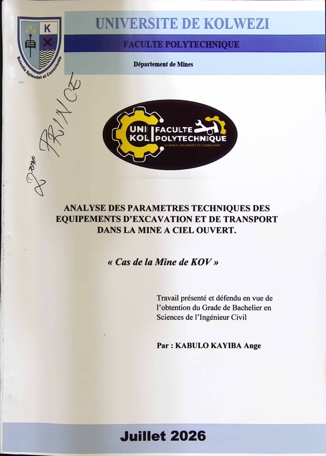 First page of ANALYSE DES PARAMETRES TECHNIQUES DES EQUIPEMENTS D'EXCAVATION ET DE TRANSPORT DANS LA MINE A CIEL OUVERT. « Cas de la Mine de KOV »