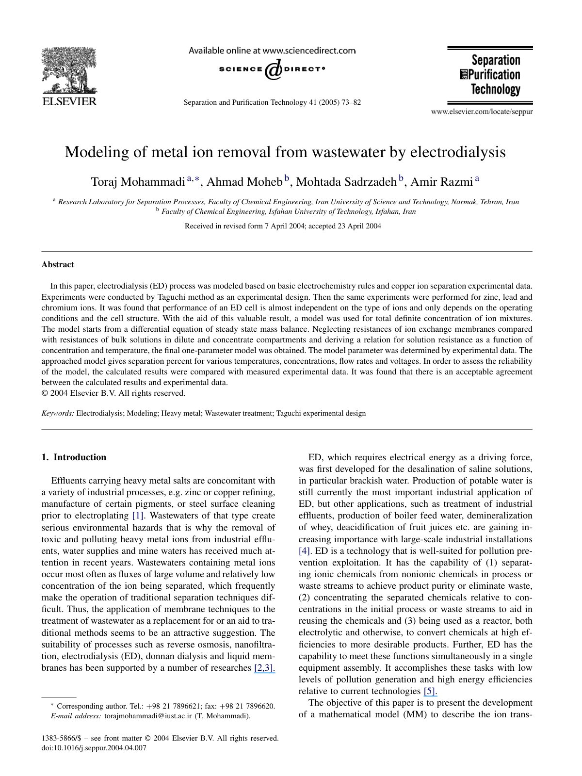 First page of Modeling of metal ion removal from waste