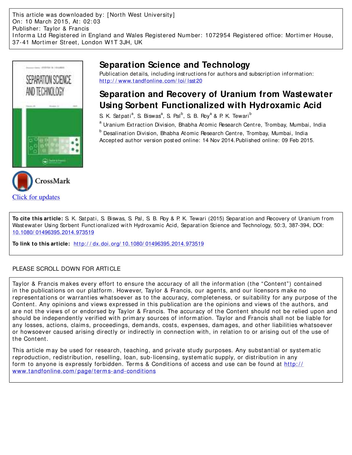 First page of Separation and Recovery of Uranium from Wastewater Using Sorbent Functionalized with Hydroxamic Acid