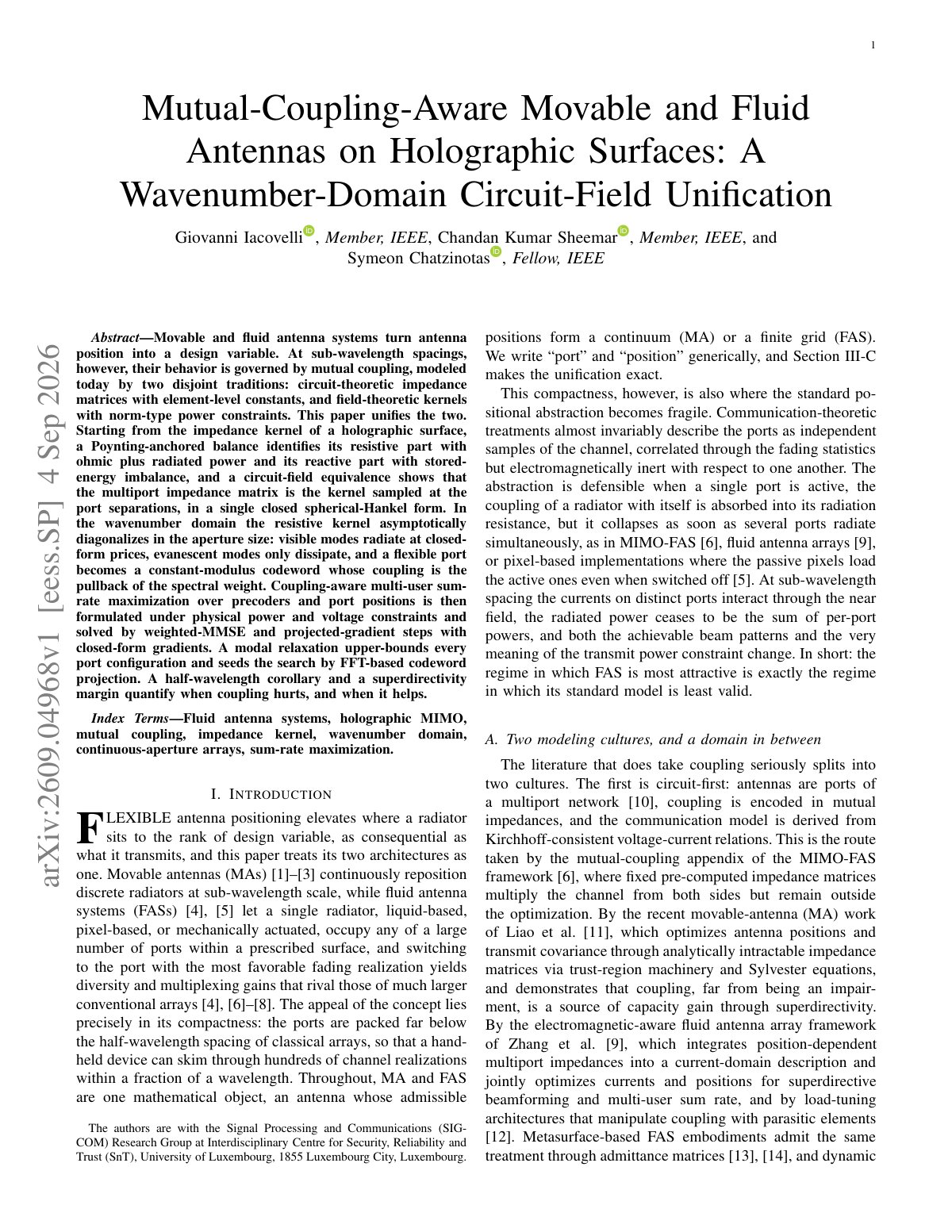 First page of 2026 Iacovelli Movable Fluid Antenna Circuit Field Model