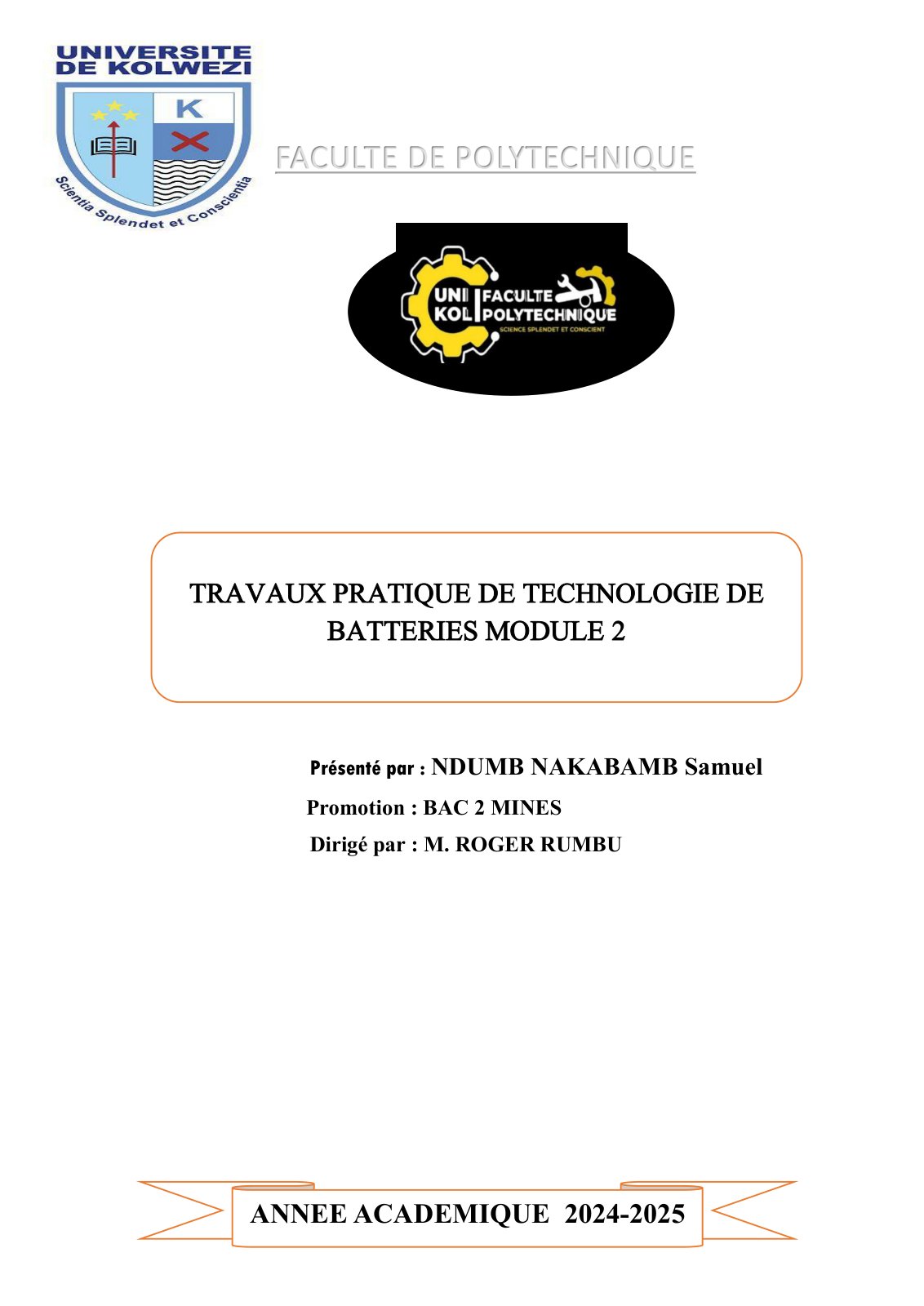 First page of TRAVAUX PRATIQUE DE TECHNOLOGIE DE BATTERIES MODULE 2