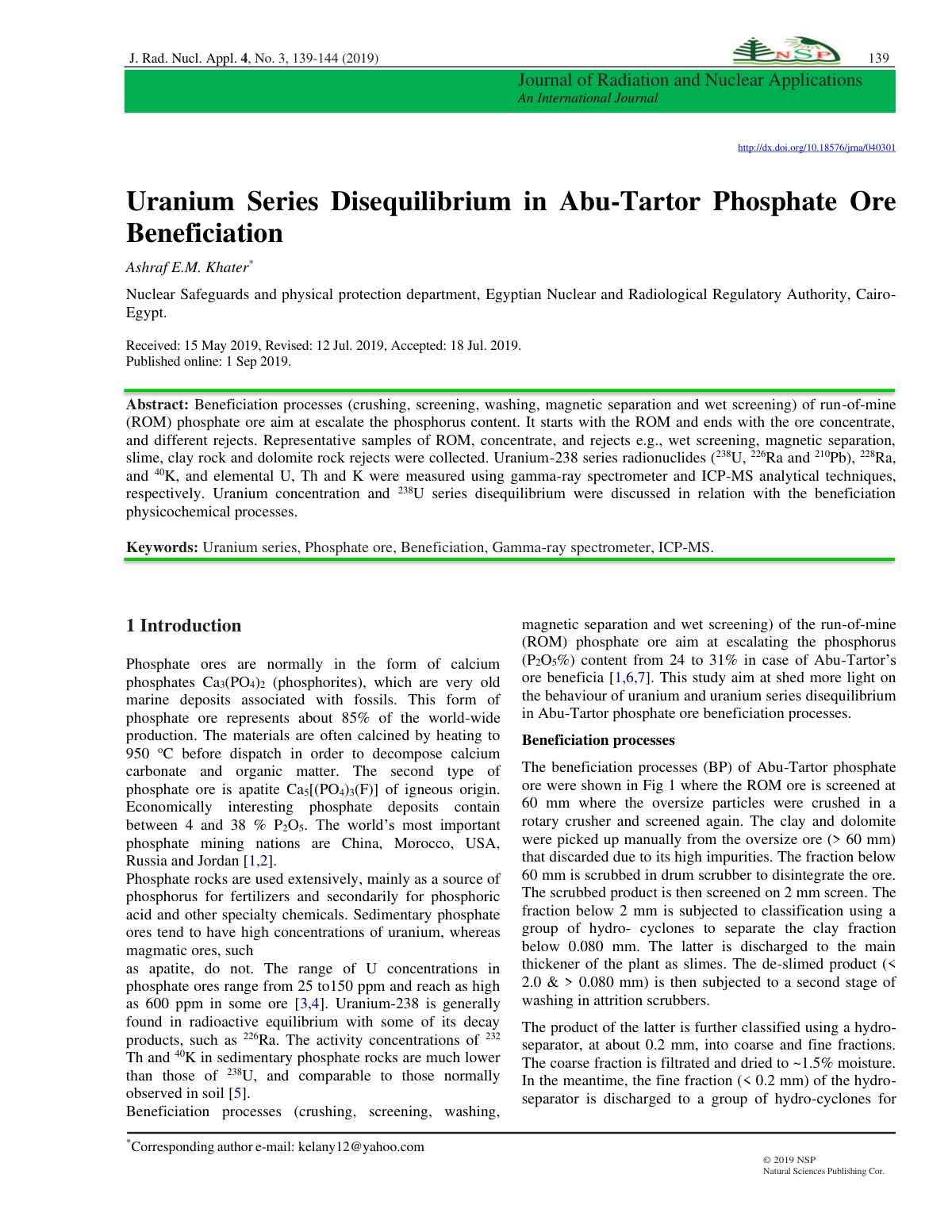 First page of Uranium Series Disequilibrium in Abu-Tartor Phosphate Ore Beneficiation