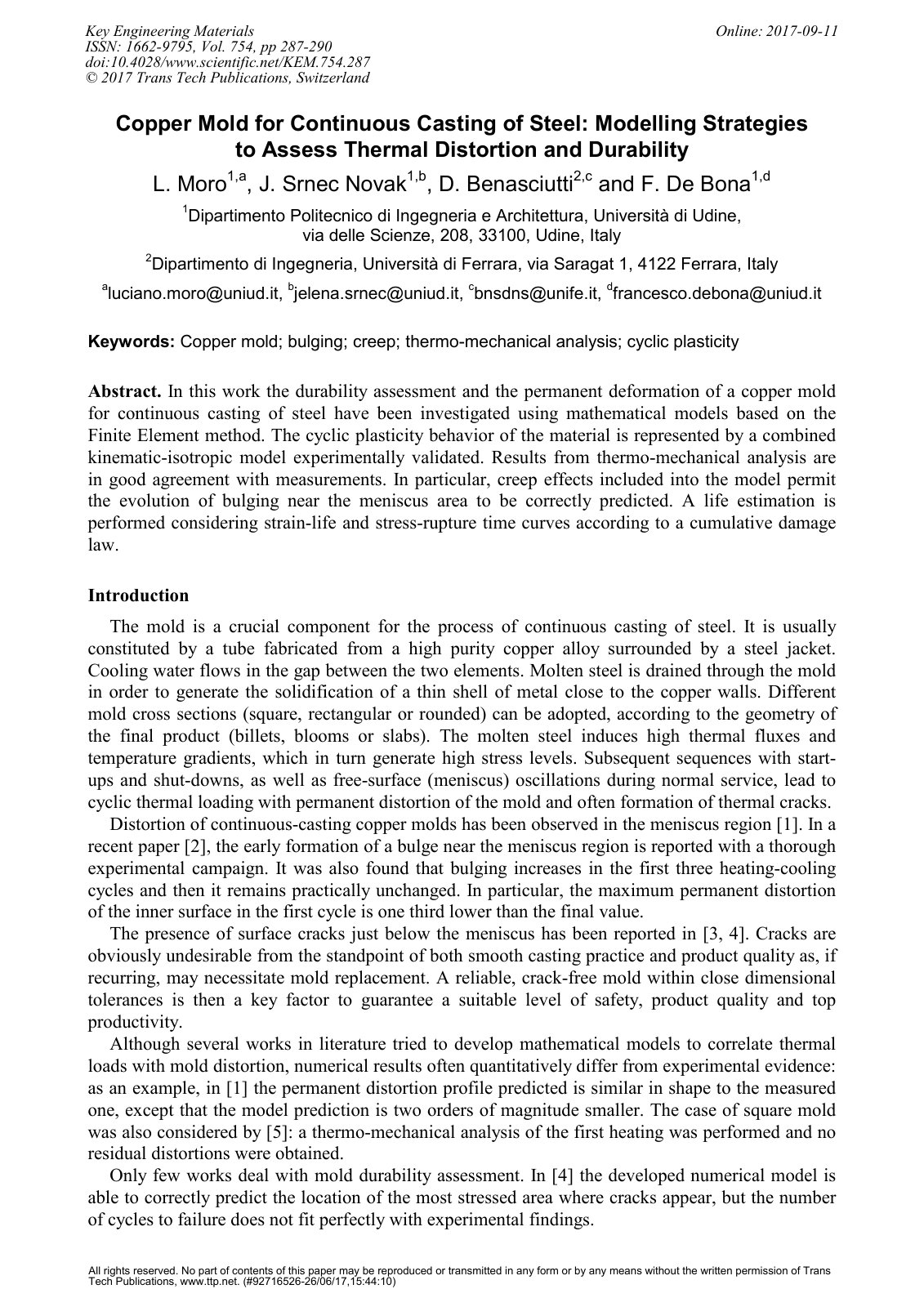 First page of Copper Mold for Continuous Casting of Steel: Modelling Strategies to Assess Thermal Distortion and Durability
